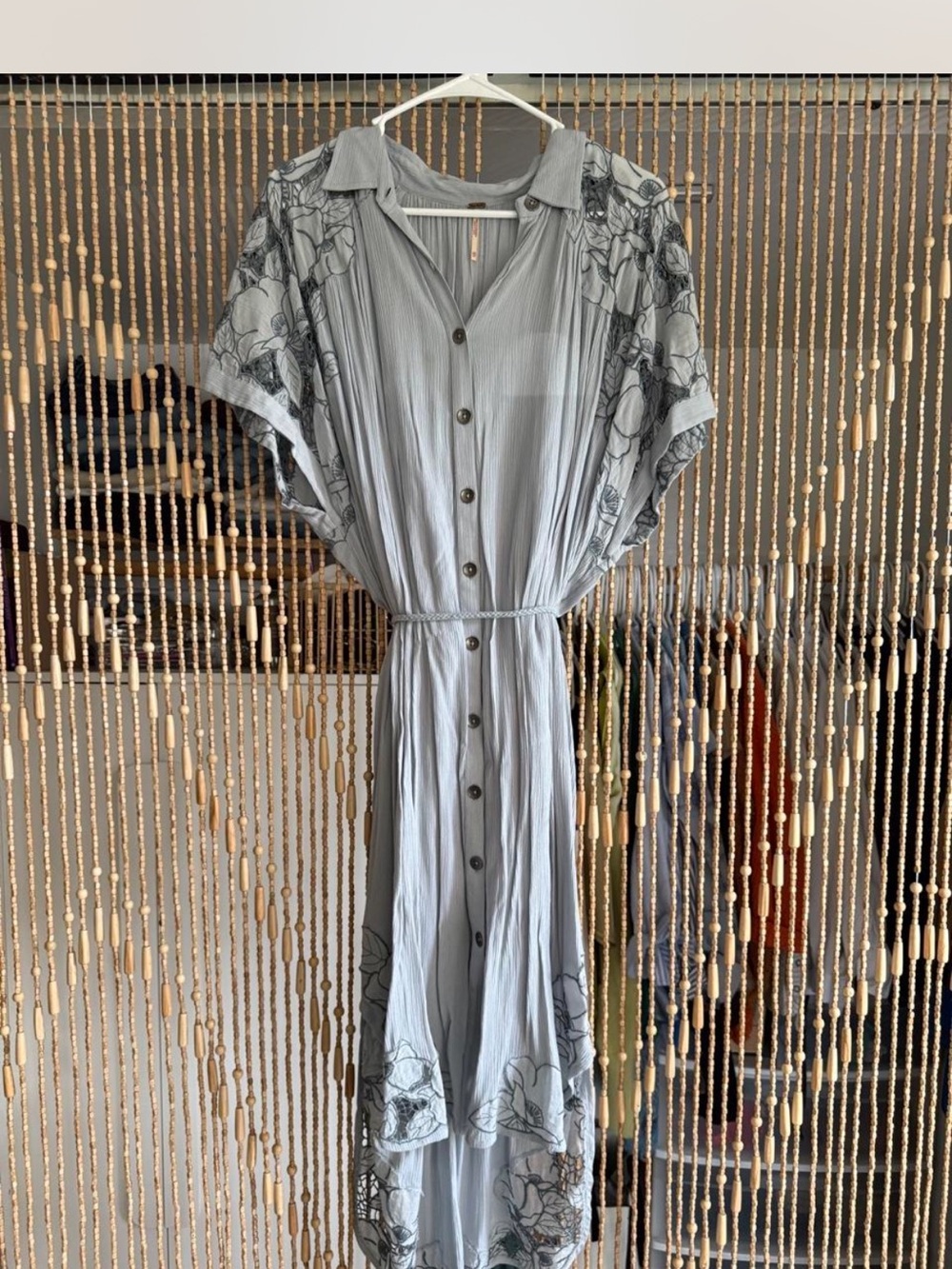 RARE Free People Light Gray Blue Button-Front High-Low Floral Dress